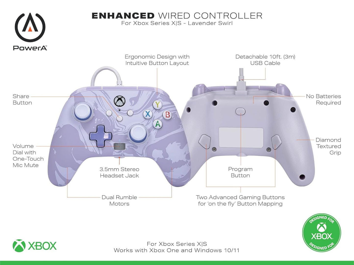 JOYSTIC POWERA ENHANCED WIRED CONTROLLER FOR XBOX SERIES X|S –  OFFICIALLY LICENSED FOR XBOX ROSA PÚRPURA
