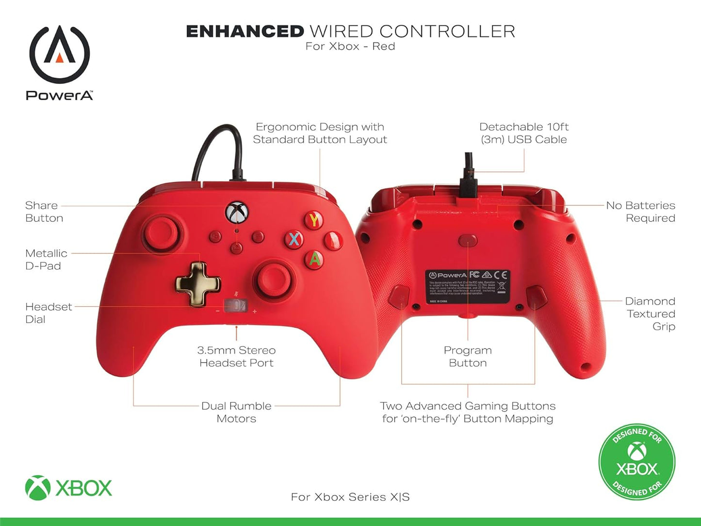 JOYSTIC POWERA ENHANCED WIRED CONTROLLER FOR XBOX SERIES X|S – OFFICIALLY LICENSED FOR XBOX ROJO