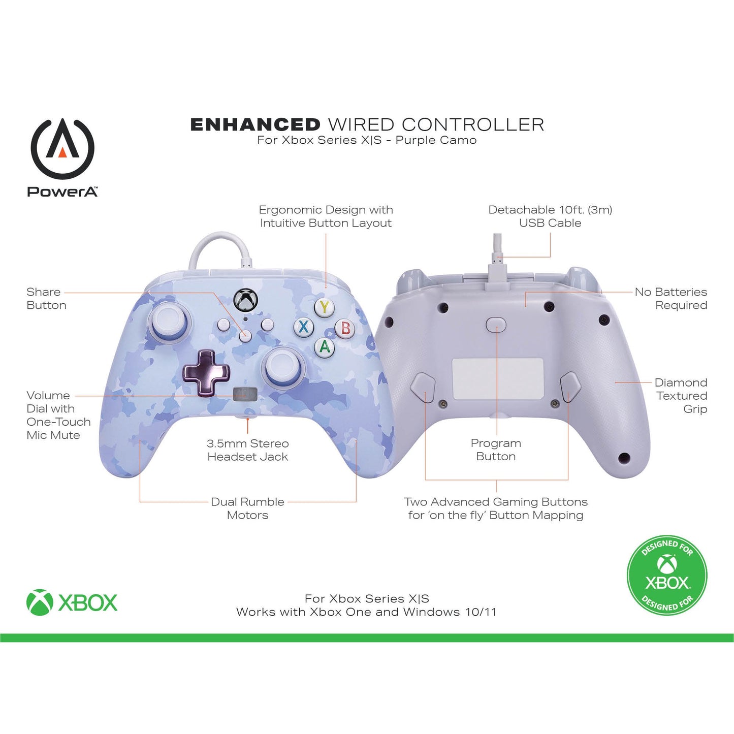 JOYSTIC POWERA ENHANCED WIRED CONTROLLER FOR XBOX SERIES X|S – OFFICIALLY LICENSED FOR XBOX PÚRPLE CAMO