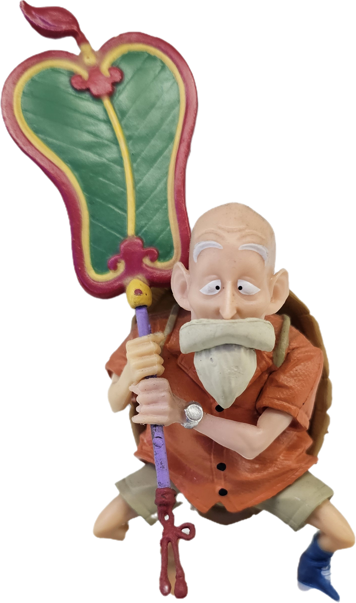 FIGURA MAESTRO ROSHI CON CAPARAZÓN DE TORTUGA Y HOJA EN LA MANO DRAGON BALL
