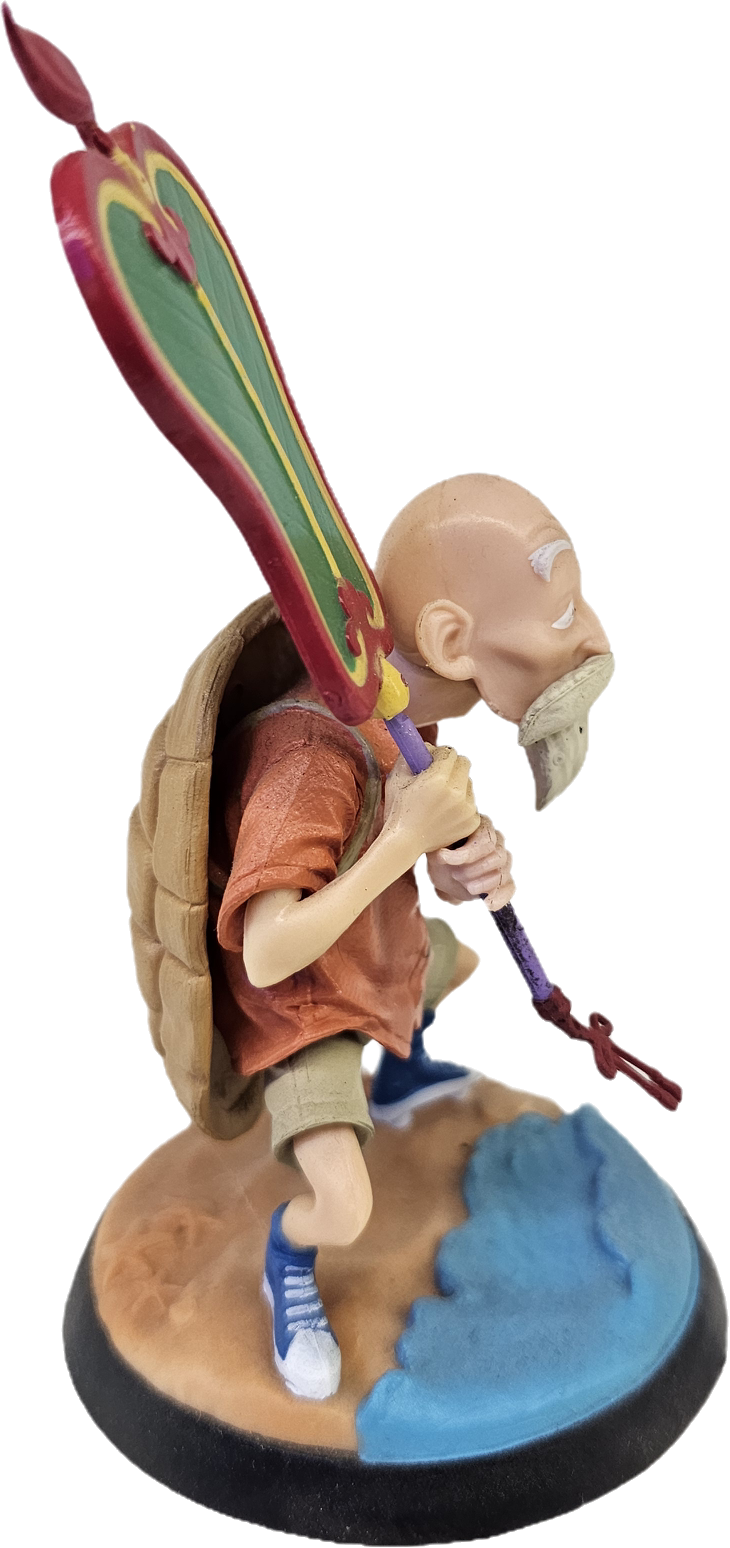 FIGURA MAESTRO ROSHI CON CAPARAZÓN DE TORTUGA Y HOJA EN LA MANO DRAGON BALL